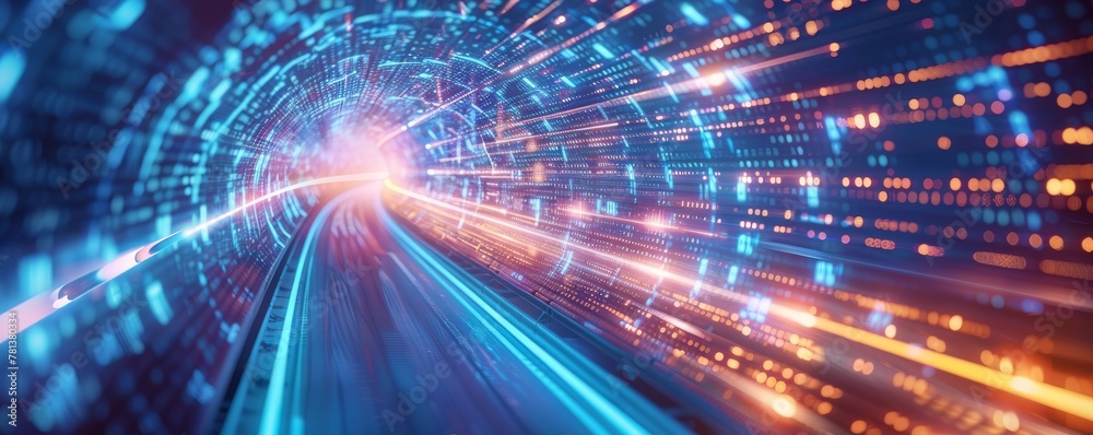 High-speed IoT network depicted as streams of light racing through a virtual tunnel, with lightning effects enhancing the sense of speed