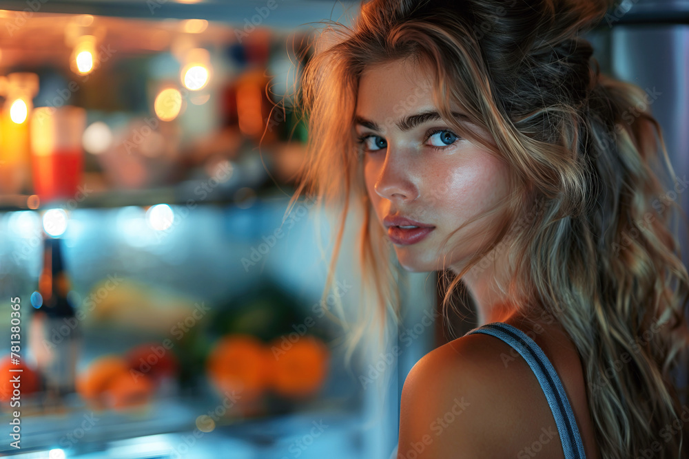 hungry sad woman looking and searching choosing food on shelves of refrigerator with open door at night in kitchen hungry sad woman looking and searching choosing food on shelves of refrigerator with open door at night in kitchen