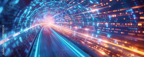High-speed IoT network depicted as streams of light racing through a virtual tunnel, with lightning effects enhancing the sense of speed