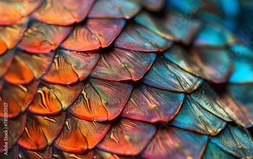 Macro shot of vibrant, colored scales conveying exotic luxury photo
