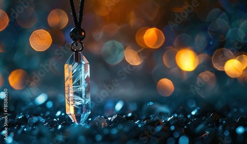Enchanted crystal pendant with sparkling bokeh backdrop