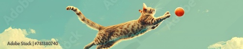 Playful cartoon cat leaping to catch a floating ball in mid-air, dynamic action, against a clear, sunny sky background
