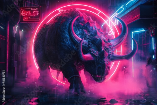 Prehistoric beast turned modern gladiator, encircled by vibrant neon fight signs