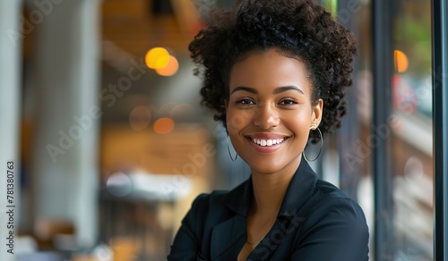Cheerful young dark-skinned woman smiling in a cafe