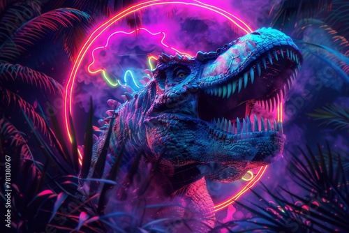Prehistoric beast turned modern gladiator, encircled by vibrant neon fight signs