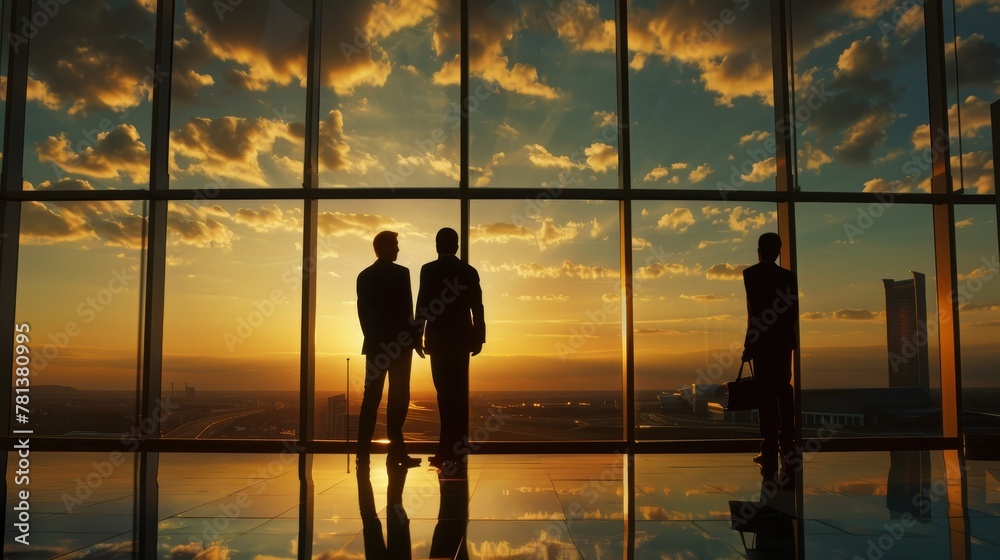 Silhouettes in an office at sunset, reflecting aspirations and corporate life