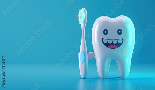 Smiling cartoon tooth character with toothbrush on blue background