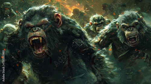 Monkeys and humans locked in an epic battle with fierce expressions and dramatic lighting photo
