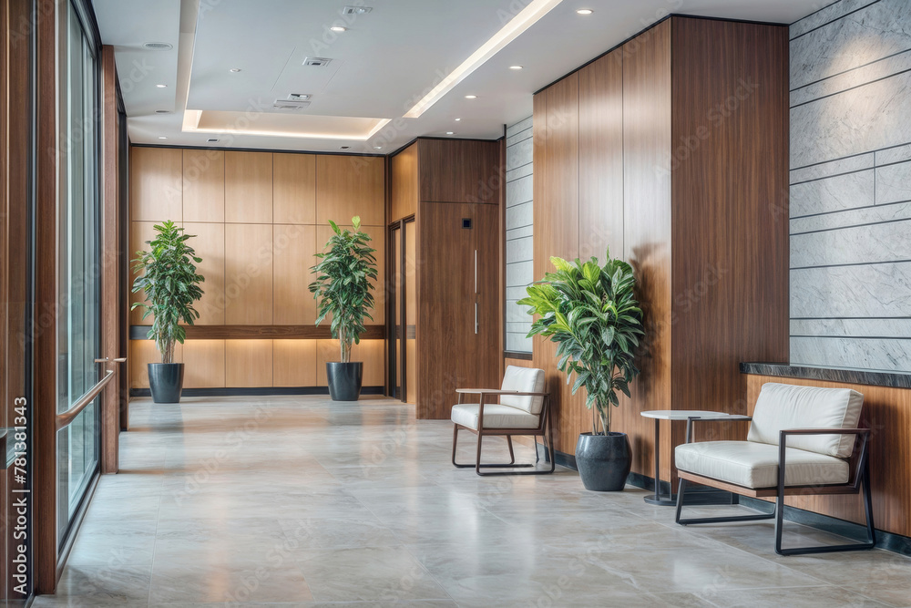 Fototapeta premium A large open space with a lot of wood and plants. The room is empty and has a modern feel