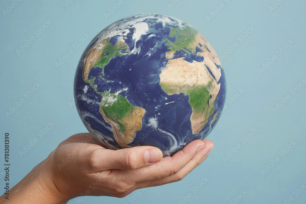 Caring hands holds a globe isolated on light blue background. Concept of responsibility and care for the planet Caring hands holds a globe isolated on light blue background. Concept of responsibility and care for the planet