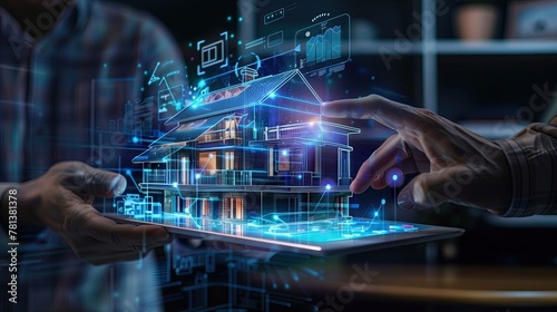Create photorealistic real estate photos on mobile devices. State-of-the-art tablet with AI chatbot, holographic method with statistics and graphs for real estate agents.