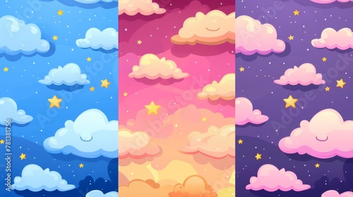 Game textures of clouds and stars, seamless patterns. Cartoon backgrounds of blue, pink and starry sky. Graphic UI or GUI modern layers of space, fluffy spindrift or cumulus eddies. photo