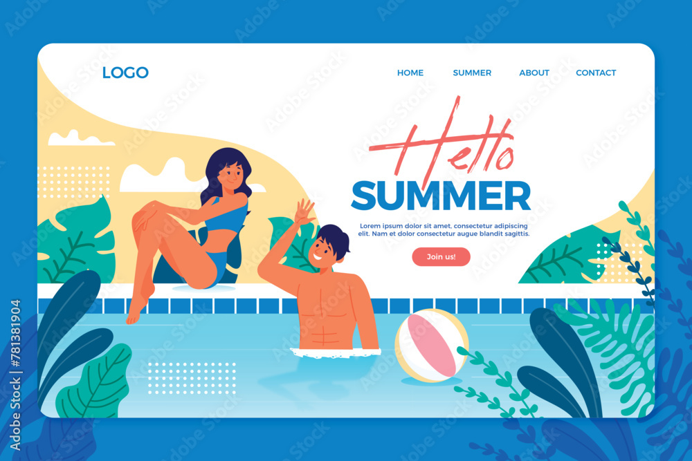 Flat design hello summer landing page template