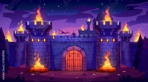 At night, medieval castle gate exterior with arched door and burning torches. Fortress tower architecture, fairytale dungeon facade, stone brick wall. Cartoon modern illustration.