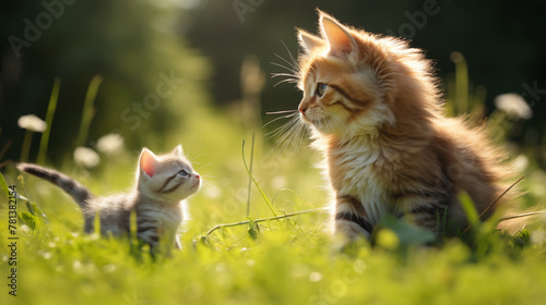 A cat and kitten playing on green field  photo shot