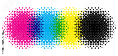 CMYK Halftone Dither Circles Background. Raster Print Overlay Effect. Vector Illustration.