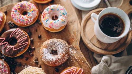 Delectable Assorted Donuts and Fresh Coffee on Rustic Wooden Table