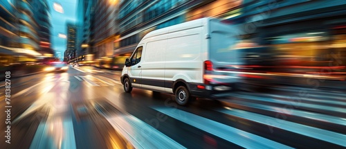 A white van is driving down a city street at night by AI generated image