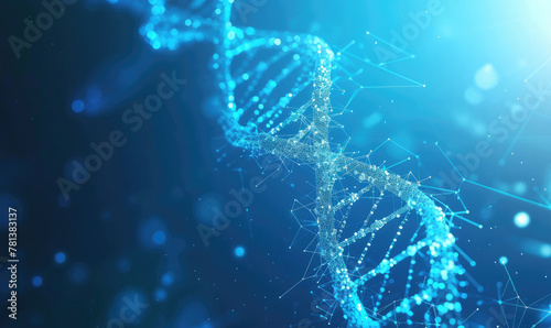dna. abstract 3d polygonal wireframe dna molecule helix spiral on blue. medical science, genetic biotechnology, chemistry biology, gene cell concept