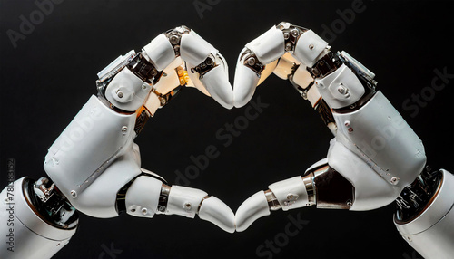 Close-up of a humanoid robot hands in the form of heart (heart shape), isolated on black background with copy space. Love artificial intelligence concept. Generative Ai.