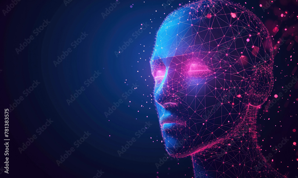 Human head created in low poly style. Man face polygon light. Emotional Intelligence allegory AI. Facial Recognition System concept. biometric scanning, 3D scanning
