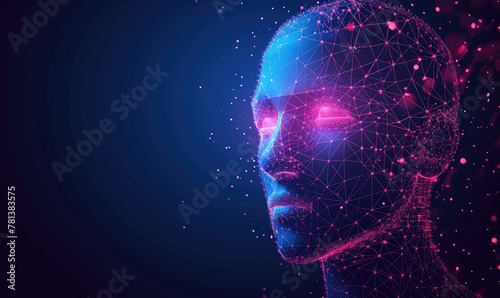 Human head created in low poly style. Man face polygon light. Emotional Intelligence allegory AI. Facial Recognition System concept. biometric scanning, 3D scanning