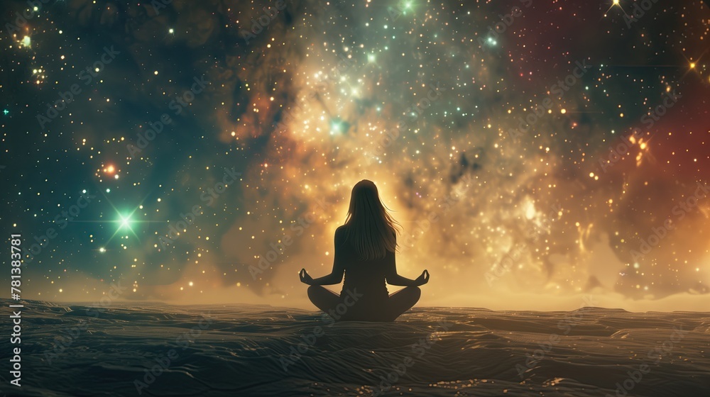 Beautiful, attractive woman meditating in the cosmic background. Environment. Glowing cosmos.