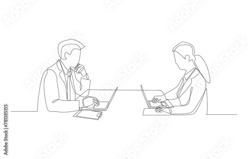 Continuous one line drawing of businessman and businesswoman working on same table, business working concept, single line art.