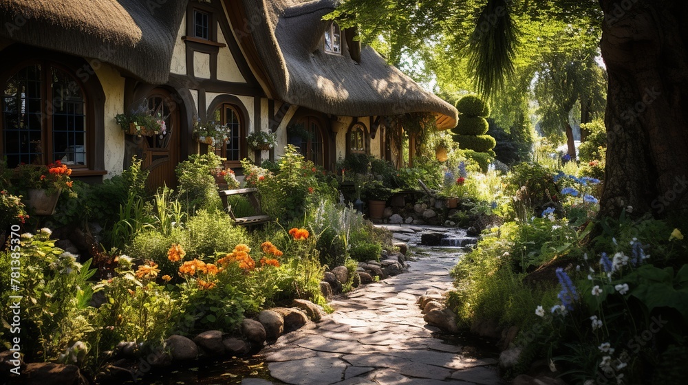 Beautiful garden in the morning light with flowers and cozy house.
