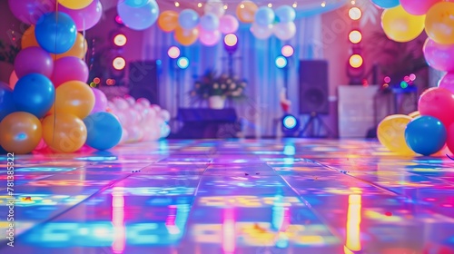 led dance floor at a kids birthday party, balloon decorations, festive celebration