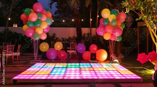 led dance floor at a kids birthday party, balloon decorations, festive celebration