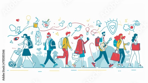 Passing people, courier delivering order, businessman with coffee cup, teenage with guitar, woman with shopping bags, Line Art flat modern illustration.