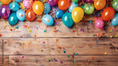 Colorful balloons with confetti and ribbons on a wooden background