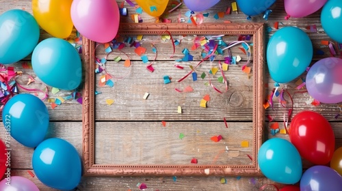 Colorful balloons with confetti and ribbons on a wooden background