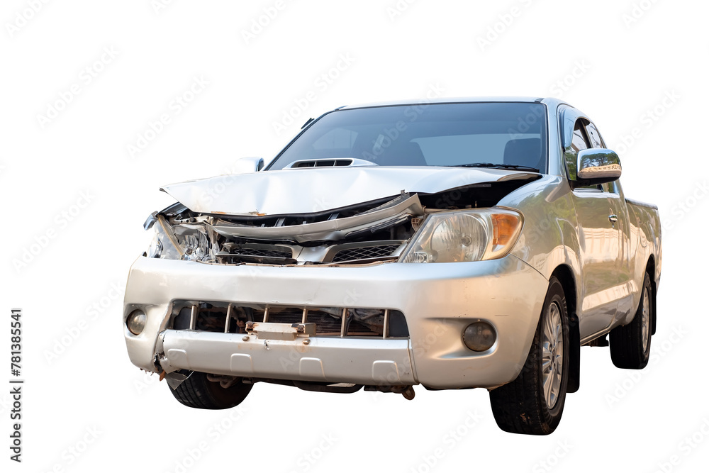 Front of gray or bronze pikup car get damaged by accident on the road. damaged cars after collision. isolated on transparent background, PNG File