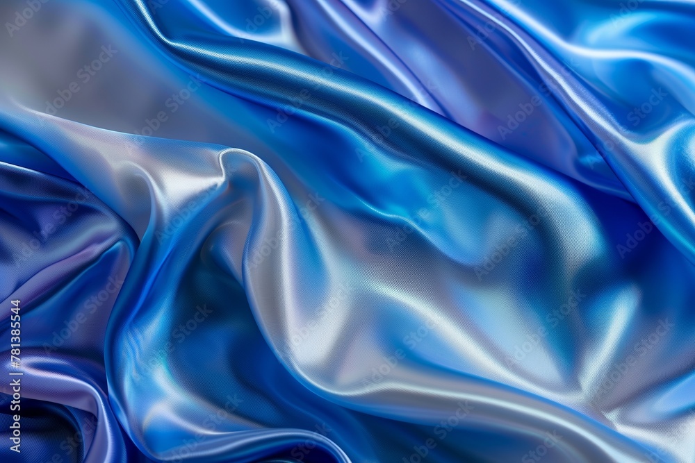 Fototapeta premium Blue and silver silk satin fabric background with soft folds