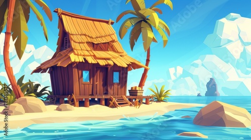 Island resort with shack, wooden house on piles, palm trees and rocks. Cartoon ocean landscape, 2d background, cottage with thatch roof Modern illustration.