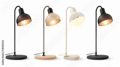 Modern realistic set of three 3D desk lamps with bulb, shade, and round stand isolated on white background for office, bedroom or living room interior. photo