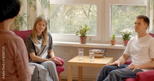 Open dialogue. Counseling session or therapy session where couple is seeking guidance or advice from professional therapist or counselor. Neutral and impartial facilitator who guides the conversation.