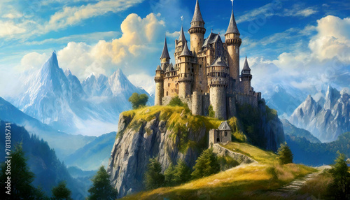 Ancient medieval fantasy castle on top of a hill in a mountain landscape against a blue sky with clouds. Generative Ai. photo