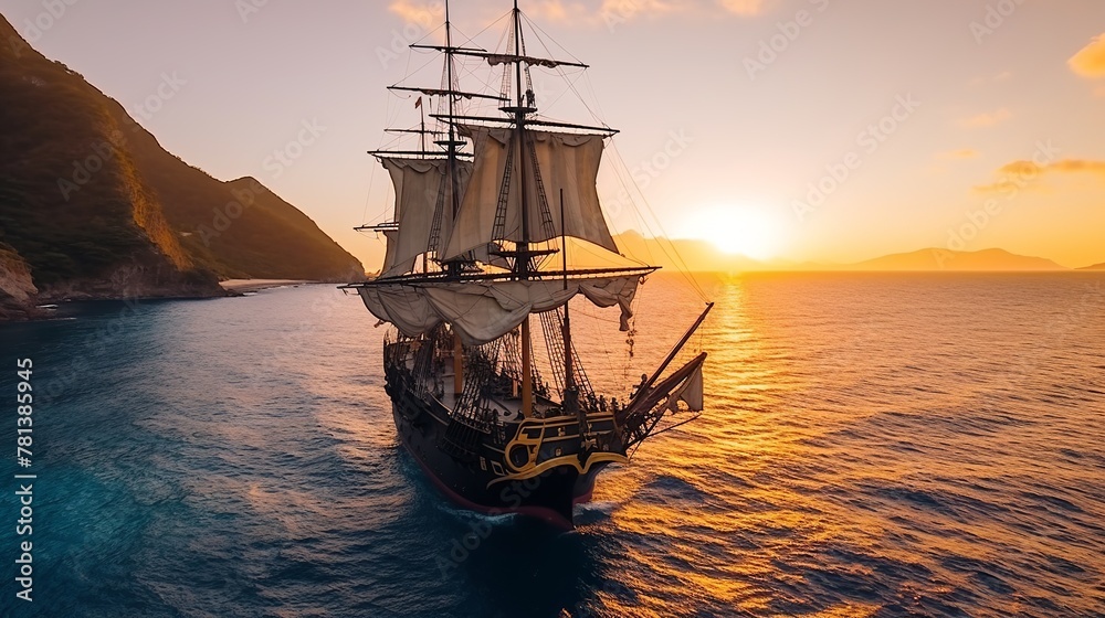 Sailing ship in the sea at sunset time