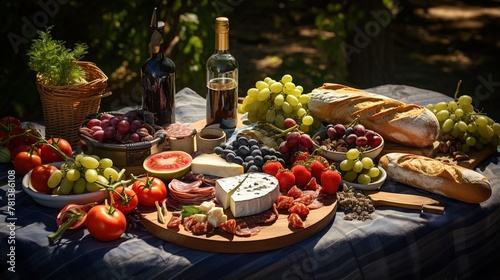 Picnic in the garden with bread, vegetables, cheese and wine