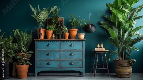 Beautiful green houseplants on blue shelf in living room.