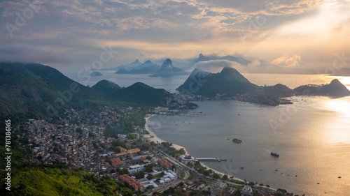 The beauties of Rio de Janeiro's mountain range in beautiful late afternoon light in the autumn. Aerial view from the Niterói Municipal Park (PARNIT).