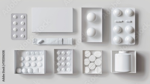 Mockup of 3D pharmacy package with round and oval pills and tablets in blank cartons. Template for medicaments wrapping.
