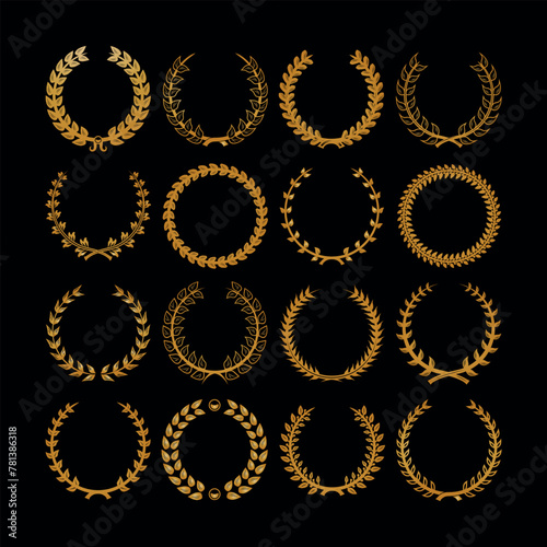 Golden vintage decorative floral wreathes collection with black background.