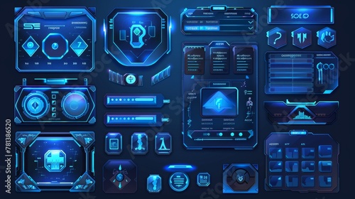 The set of blue glossy user panels with sliders, modern boards design templates includes game menu interfaces, cartoon options, settings, adventure plates with UI buttons and progress bars.