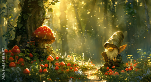 Gnome and Mushroom in Forest