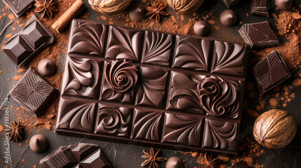 Chocolate Bar Surrounded by Nuts and Cinnamons Chocolate Bar Surrounded by Nuts and Cinnamons