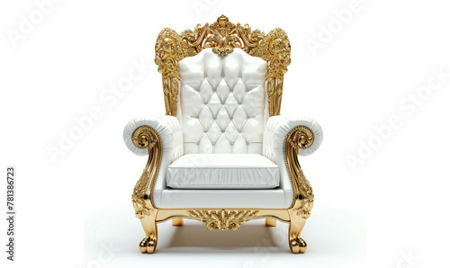 Golden luxury throne chair white leather seats isolated on white background